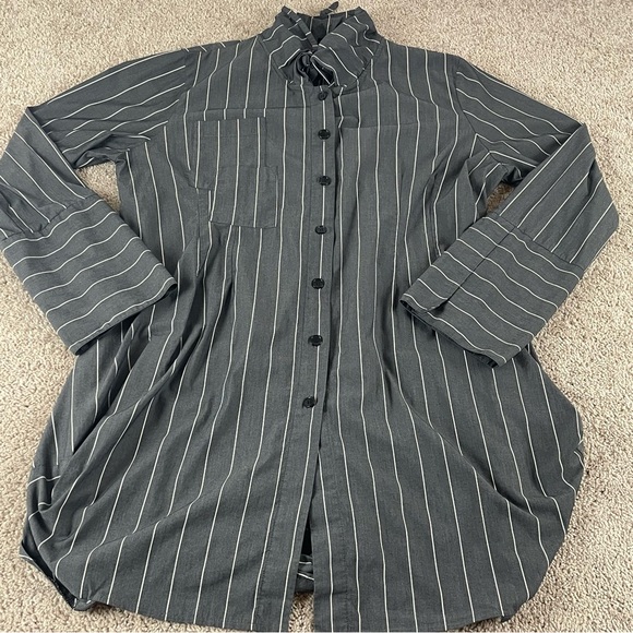 Comfy USA Tunic Shirt Dress Size 2X Gray Striped Button Up Ruffle Collar T654 - Picture 1 of 11